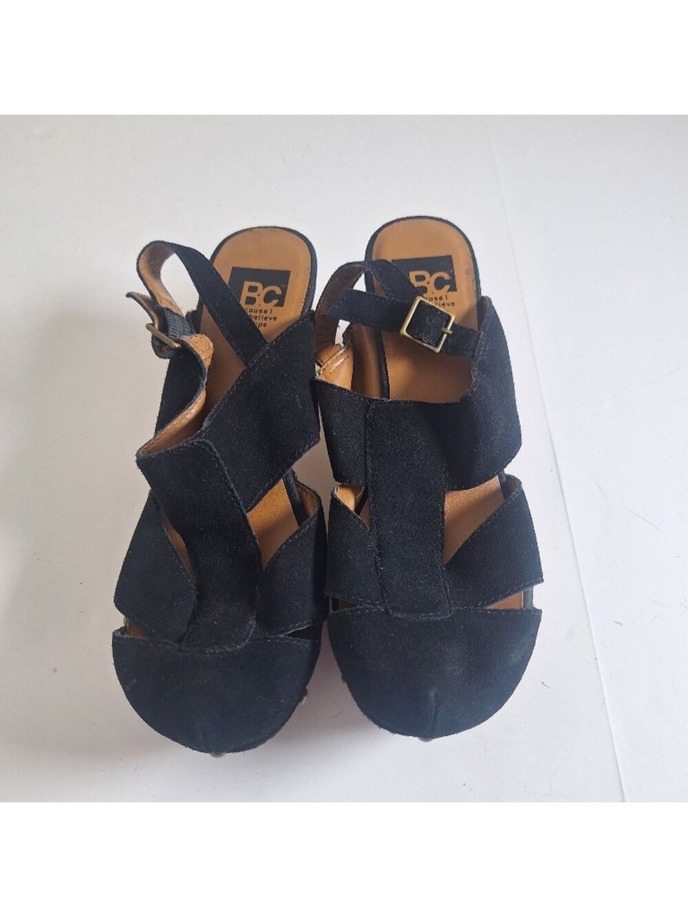 BC Black Suede Chunky Heel Sandals With Adjustable Buckle Strap